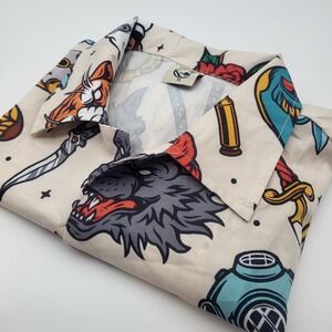 HARDADDY Mens Shirt XL Button Up Full Print Wolf Tiger Anchor Tattoo Style